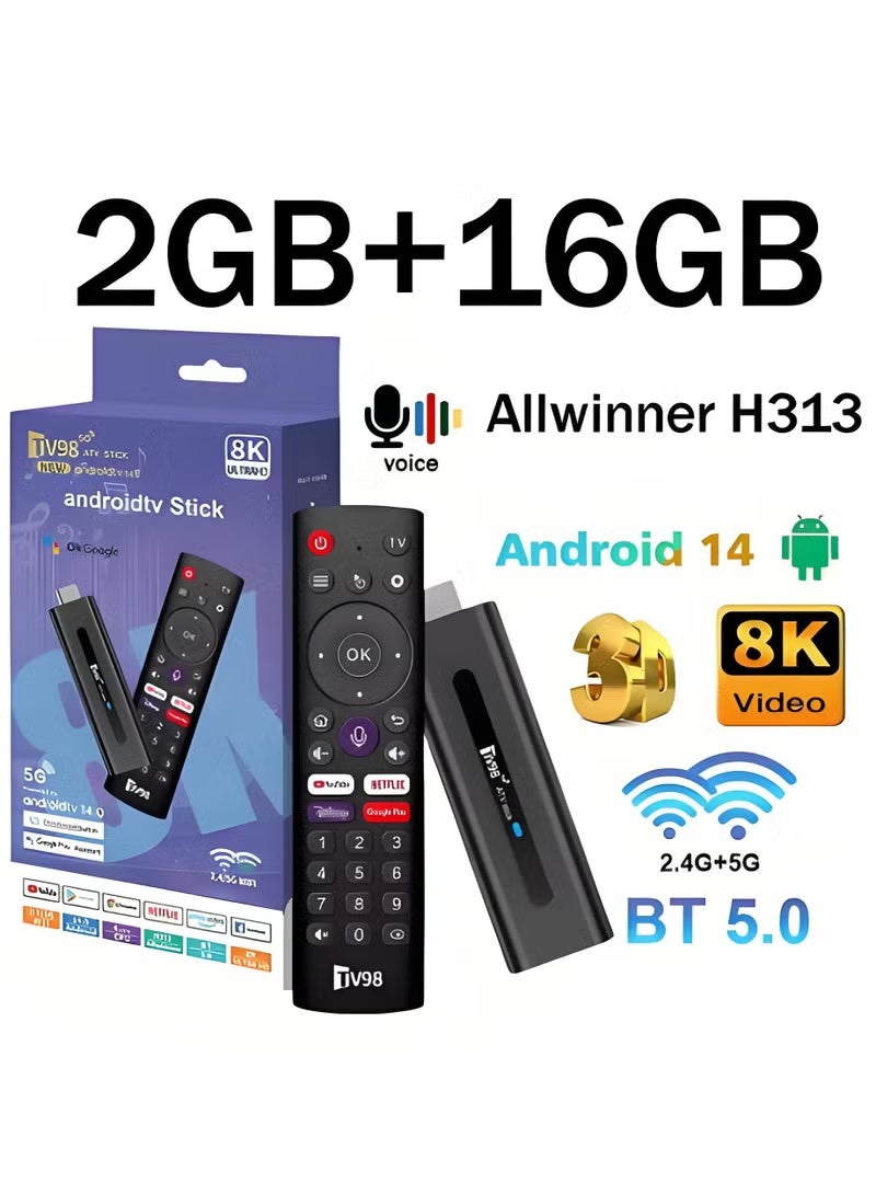 تلفزيون جهاز استقبال تلفزيوني ذكي TV98 ATV بنظام أندرويد 14، يدعم دقة 8K، وترددات 2.4 جيجاهرتز و5 جيجاهرتز، وواي فاي مزدوج، وبلوتوث 5.0، وتقنية HDR10، وجهاز تحكم عن بعد صوتي، ومشغل وسائط Globe H313، وذاكرة 2 جيجابايت + 16 جيجابايت. - Image 1